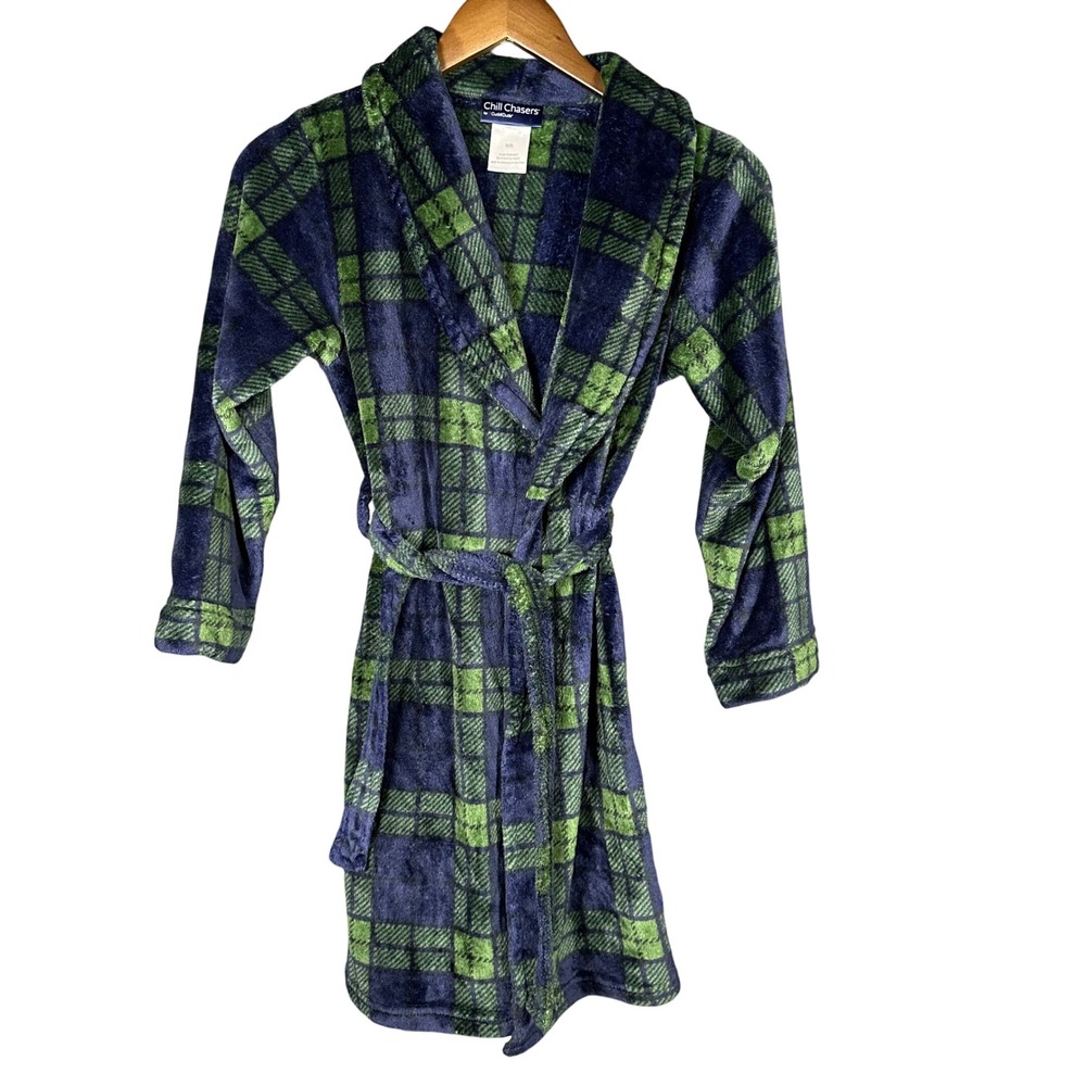 Cuddl‎ Duds Boys Medium 8 Navy Green Tartan Plaid Fleece Robe Warm Cozy Soft